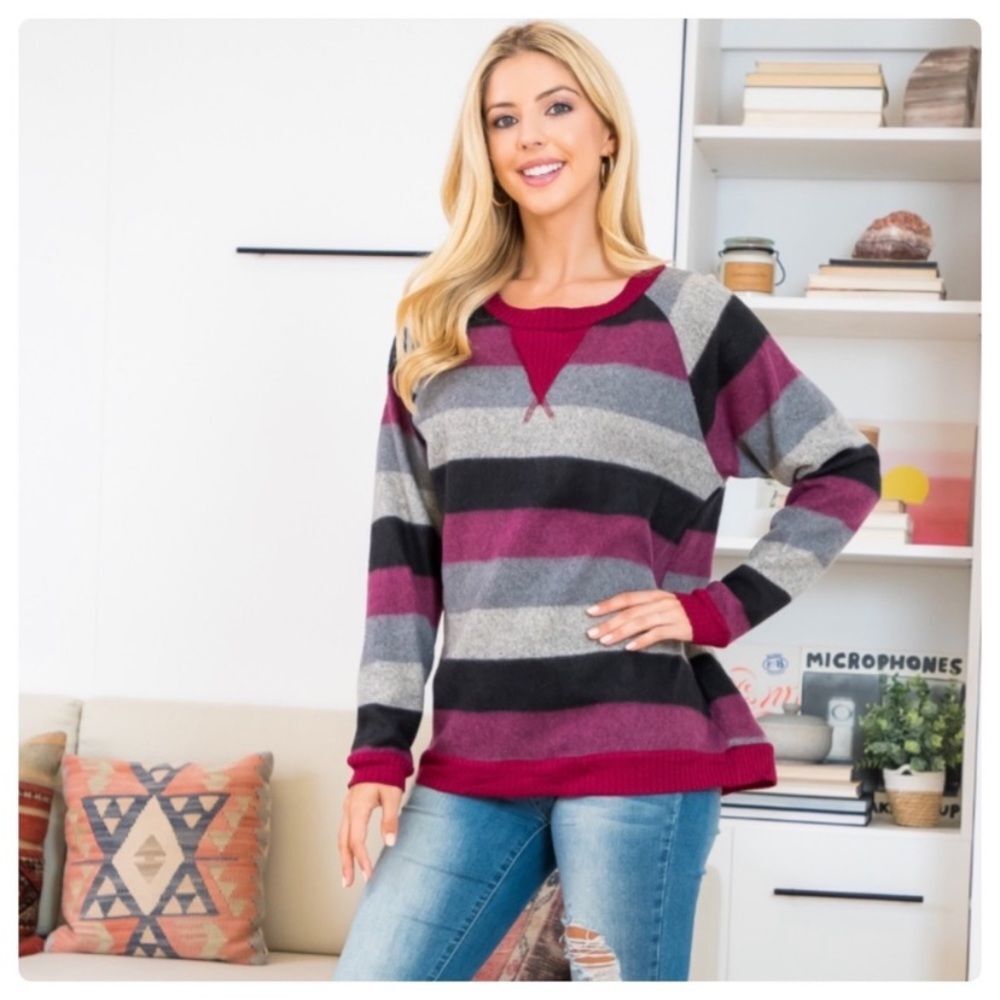 Ultra Soft Pink, Black Gray Colorblock Striped Pullover Sweater - Picture 2 of 3
